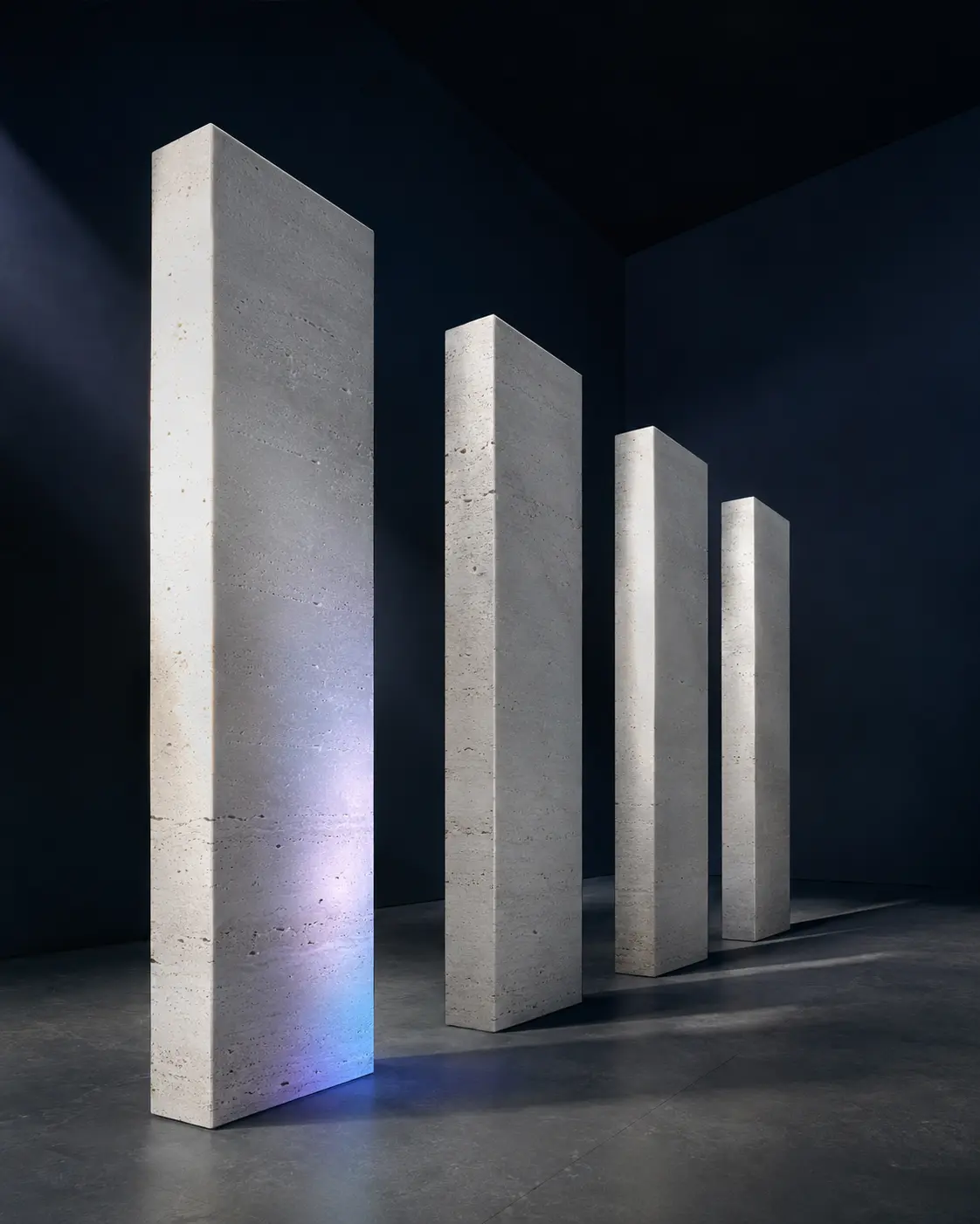 Four pale stone pillars in a midnight gallery